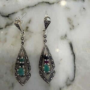 Elegant Sterling Silver Marcasite and Turquoise Dangle Earrings